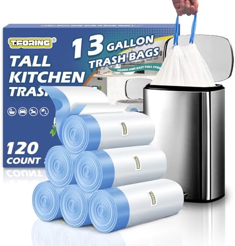 13 Gallon Trash Bags Drawstring 120 Count, 1.7 Mil Thick White Ga...