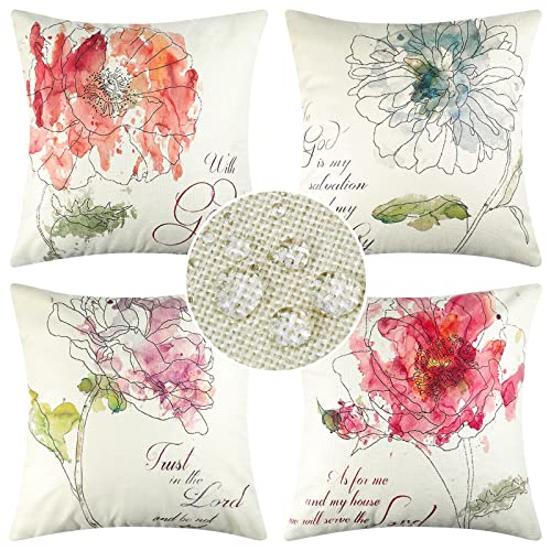 Kissenbezug 40x40 Wasserdichte Kissenbezugen Leinen Bunte Blumen Muster Kissenhülle Zierkissenbezüge Kissenbezüge für Sofa Wohnzimmer Outdoor Garten Balkon Patio Bauernhaus Zuhause Dekoration Cover