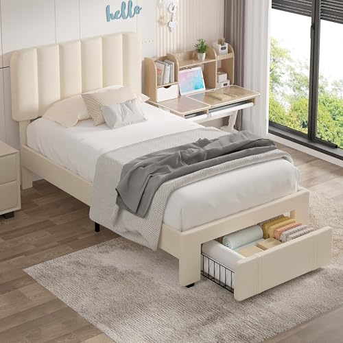 Image of VECELO Twin Size Upholstered Bed Frame with Drawer and Headboard, Velvet Platform Storage Bedframe, Wooden Slats Support, No Box Spring Needed,Bone Beige