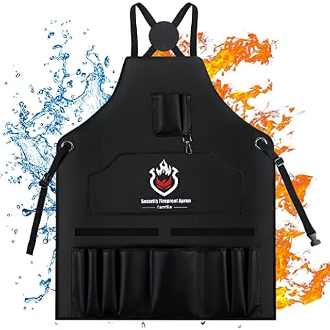BBQ Aprons for Men,Fireproof Apron for Women Waterproof Chef Apron with Multiple Pockets for Tools and Brushes 31.5'' Durable Apron Non-itchy Silicone Coated Fibreglass Outdoor Home Kitchen Black Cover