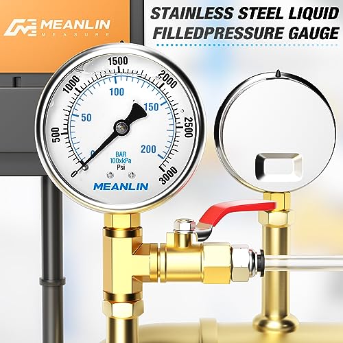 Image of MEANLIN MEASURE 0~3000Psi Liquid Filled Pressure Gauge 1 /4 inch NPT 2.5 inch FACE DIAL Stainless Steel Glycerin Filled WOG Water Oil Air Lower Mount