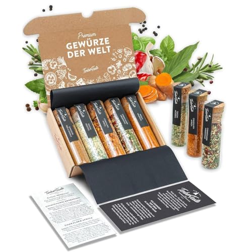 TIMBER TASTE® 5 Gewürze aus aller Welt - Seltene Gewürze Geschenkset Frauen & Männer - Gewürzset Weihnachten Geschenke Set Männer & Frauen - Geschenke Set Gewürz für Papa -Geschenkset Weihnachten