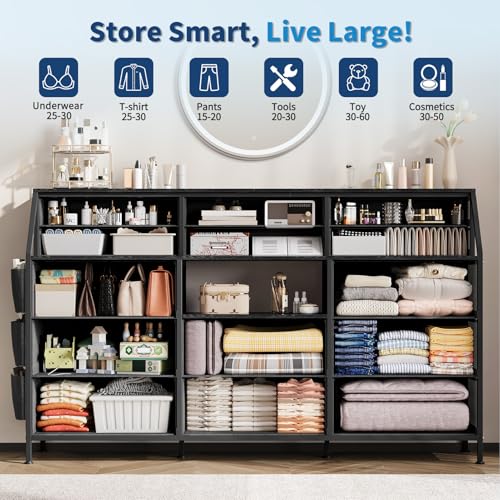 Dresser for Bedroom with 14 Drawers, 55" W Dresser with Side Pocket, Fabric Dressers & Chests of Drawers with Shelves, Sturdy Frame, Wood Top