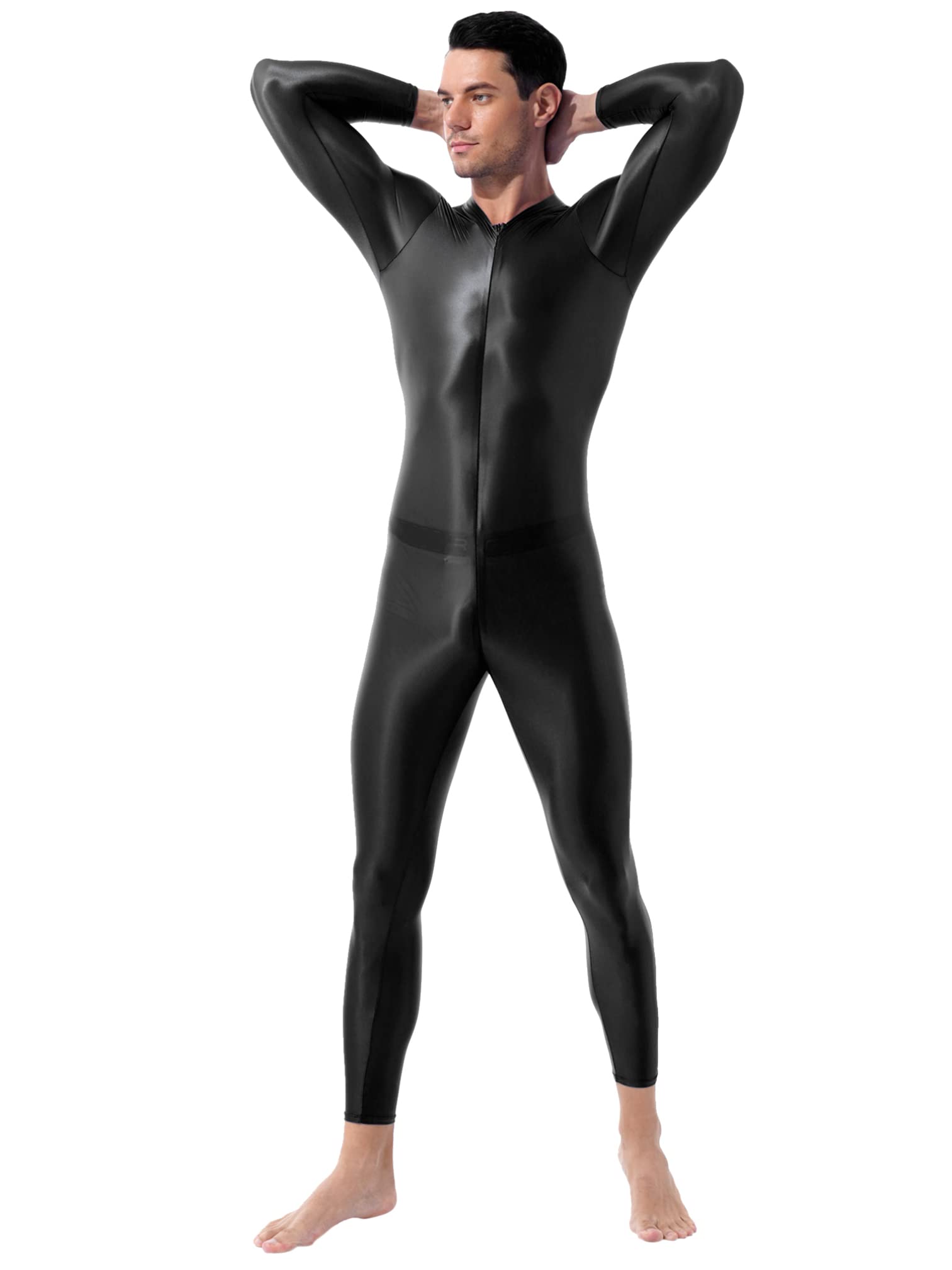 Agoky Body Uomo Metallico Lucido Bodystocking Catsuit Tuta Intera Bodysuit Manica Lunga Leggings con Cerniera Jumpsuit Biancheria Intima Monopezzo Body da Ginnastica Nero Taglia unica