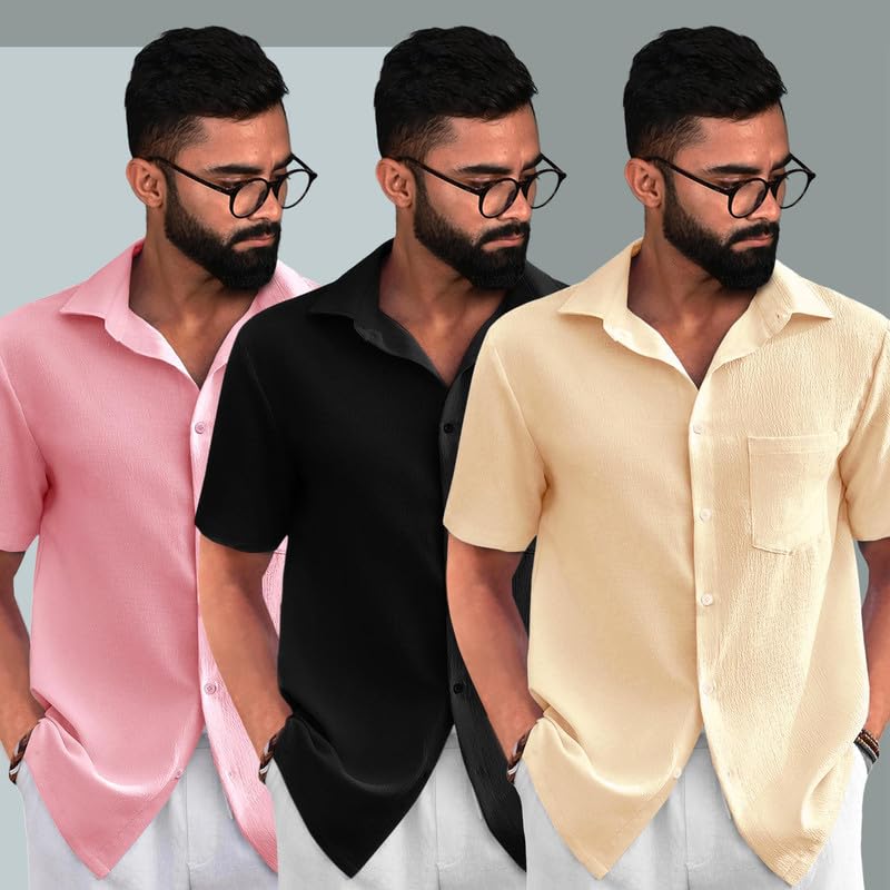 Image of Tee Projekt Solid Shirt for Men's ||Pop corn Shirt|| Solid Shirt for Men's|| Casual Shirt for Men||Half Sleeve Spread Collar Shirt for Men|| Pack of-3