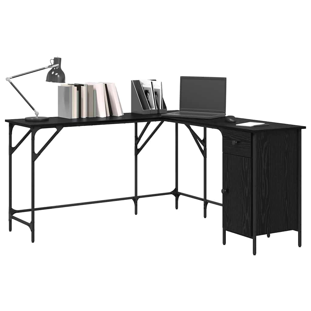 Regulowane biurko narożne o wyglądzie czarnego dębu 141 x 141 x 75 cm z regałem, materiał drewnopochodny, duże miejsce pracy na laptopa, do biura, biura