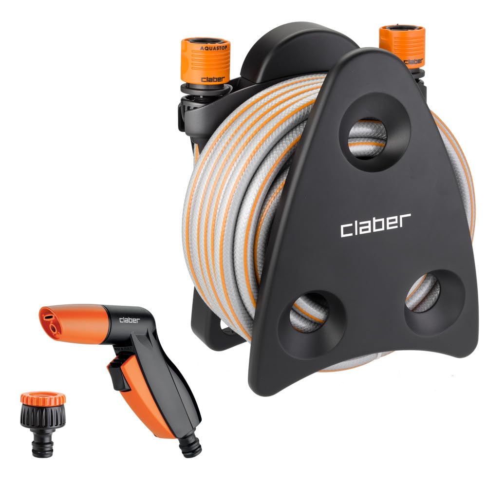 Claber Mini-set Utility, portamanguera con manguera de jardín, conectores y pistola rociadora con doble chorro