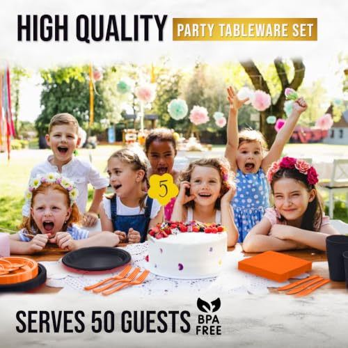 Image of Exquisite 350 Pcs Orange & Black Plates & Napkins Party Plate Set