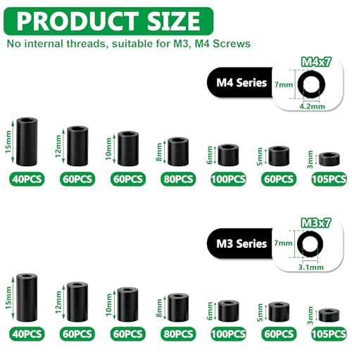 Image of 1010PCS Black Nylon Spacers Kit, 14 Sizes- 3mm,5mm,6mm,8mm,10mm,12mm,15mm Length for M3 M4 Screws, Non-Threaded Round Plastic Spacers Suitable for Switch & Receptacle Screws