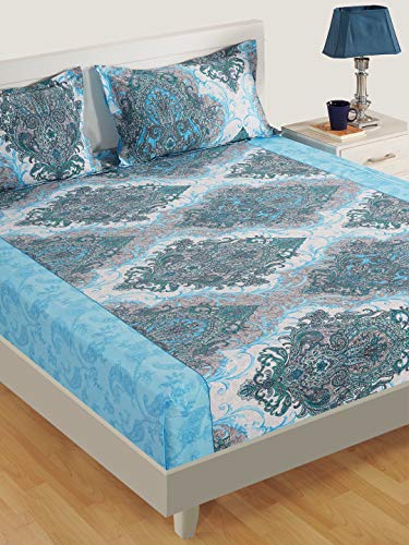 Image of Swayam Pure Cotton Single Bedsheet with 1 Pillow Covers | Size 60 x 90 inch | 160 TC | Ethnic Motifs Design | Soft Breathable Bed Sheet | Comfortable & Durable for Bedroom - Blue