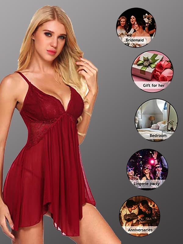 Image of Babydoll Lace Nighty with Adjustable Straps Above Knee V Neck S-3XL