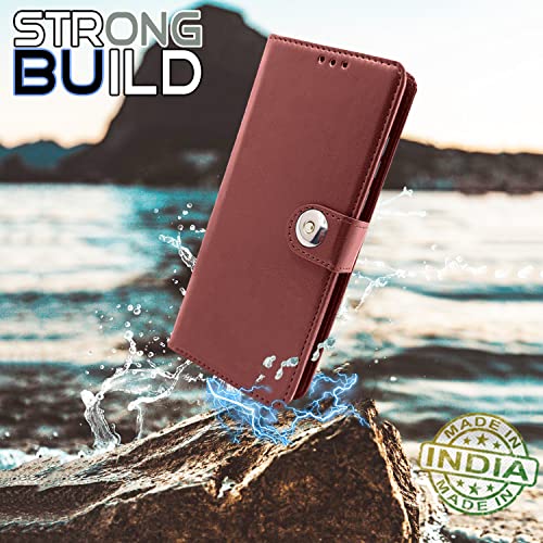 Image of Pikkme Samsung Galaxy M14 5G Flip Cover Leather Finish | Inside TPU with Card Pockets | Wallet Stand and Shock Proof | Complete Protection Button Flip Case (Brown)