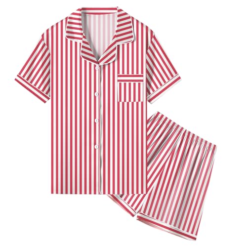 Image of Umeyda Women & Girls Pajamas Set, 2 Piece PJS Satin Silk Sleepwear Button-Down Top with Shorts for Mom Kids Gifts