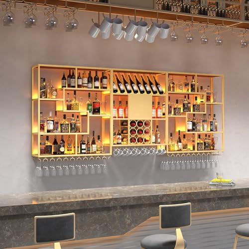 Botellero de metal grande montado en la pared con soporte para colgar botellas de licor LED, estantes perfectos para bar, comedor, cocina, almacenamiento y decoración