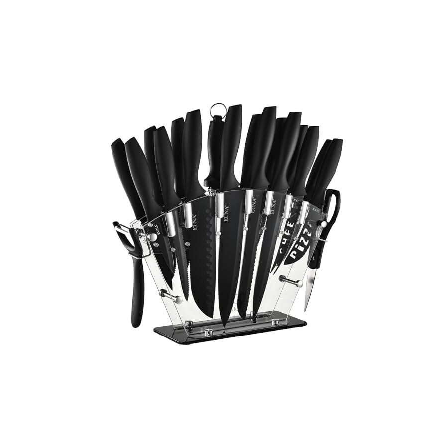 EUNA-Kitchen-Knife-Set-19-PCS-Black-Knife-Set-with-Acrylic-Block-and-Sharpener-German-High-Carbon-Stainless-Steel-Knife-Sets-with-6-Serrated-Steak-Knives-Bread-Knife-Chef-Knife-Dishwasher-Safe EUNA Kitchen Knife Set, 19 PCS Black Knife Set with Acrylic Block and Sharpener, German High-Carbon Stainless Steel Knife Sets with 6 Serrated Steak Knives, Bread Knife, Chef Knife, Dishwasher Safe
