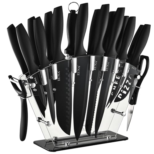 EUNA Kitchen Knife Set, 19 PCS Black Knife Set with Acrylic Block and Sharpener, German High-Carbon Stainless Steel Knife Sets with 6 Serrated Steak Knives, Bread Knife, Chef Knife, Dishwasher Safe by EUNA - Used condition - US$31.31