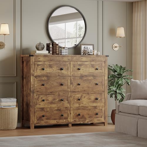 Image of BORNOON Tall 8-Drawer Dresser, Modern Wooden Storage Chest of Drawers, Dresser TV Stand, Wood Drawer Organizer with Metal Handles for Bedroom, Living Room, Hallway