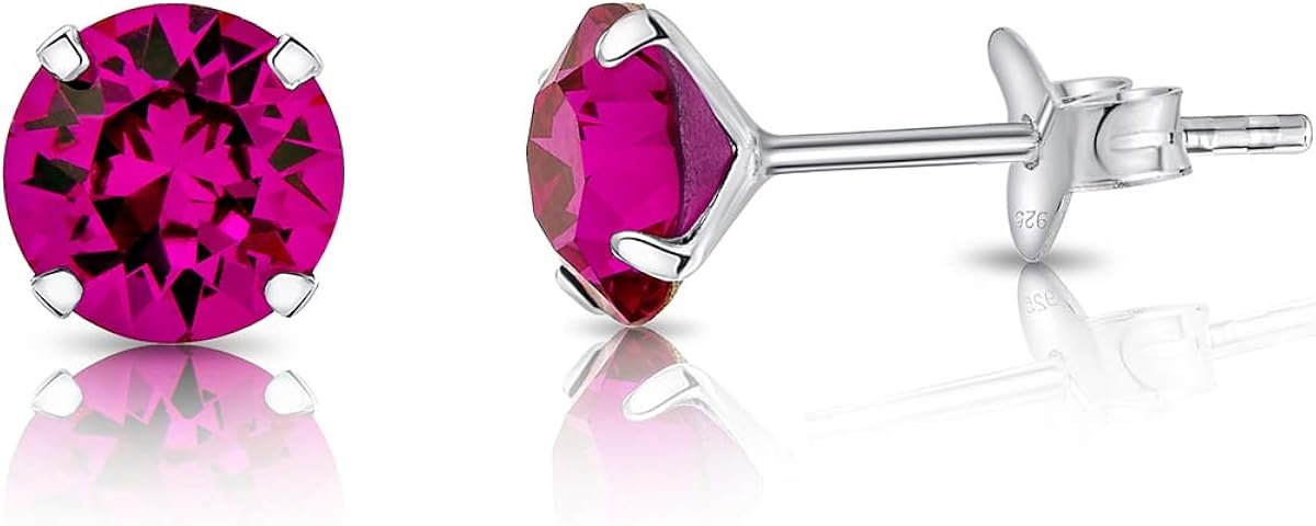 DTPsilver® Semental Pendientes/Aretes de Plata de Ley 925 con Cristal Swarovski® Elements Redondo - Diámetro: 6 mm
