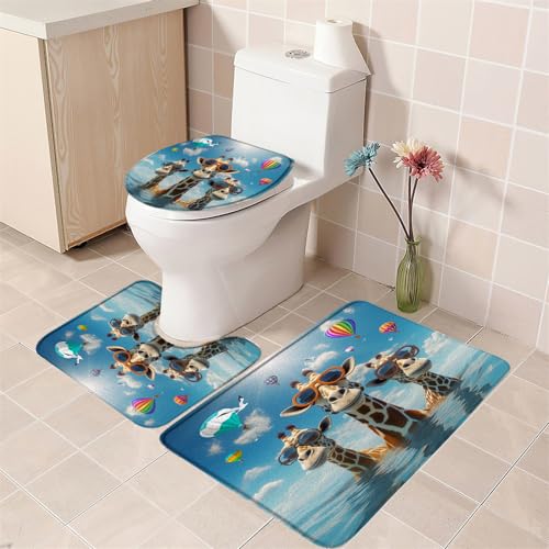 3PCS Funny Giraffe Bath Mat Set Cute Animal Wearing Glasses in Ocean Hot-air Balloon Seagull Wildlife Bathroom Kitchen Floor Mat Doormat,Toilet Lid Cover and Bath Mat Microfiber Home Decoration Rug
