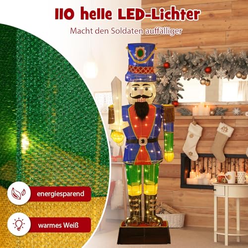 COSTWAY Weihnachten Nussknacker Figur groß, 184 cm beleuchtete Weihnachtsdeko XXL, Weihnachtsfigur mit Schwert & 110 LED-Lichtern, Weihnachtsdekoration, Weihnachtsbeleuchtung für außen und innen – Bild 3