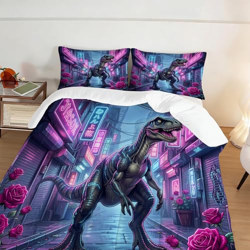 Image of Cyber City Dinosaur Comforter Set Queen Size Neon Rose Dino Bedding Sets for Kids Teens Boys Girls Bedroom Pink Blue T-Rex Animal Quilt 1 Comforter 2 Pillowcases