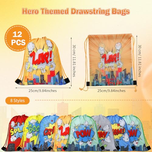 Clabby 12 Pcs Hero Party Drawstring Backpacks Bulk Hero Party Favors Gift Bags Comic Book Boom Goodie Candy Treat Bag for Birthday Party