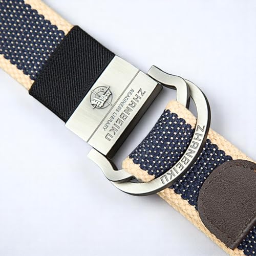 Double D-Ring Striped Canvas Metal Buckle Adjustable Web Belt, Colorful Durable Fabric Hiking Webbing Loop Belts Men3