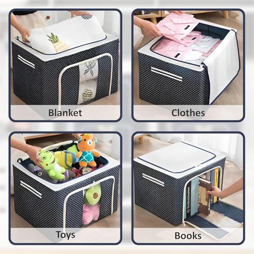 Image of JD FRESH 2 Pcs 66 Liters Foldable Steel Frame Cloth Organizer for Storage /Wardrobe Organizer for Storage /almirah organiser for Sarees /Shirts /Blankets /Clothes Storage Box with Handle - (Blue)