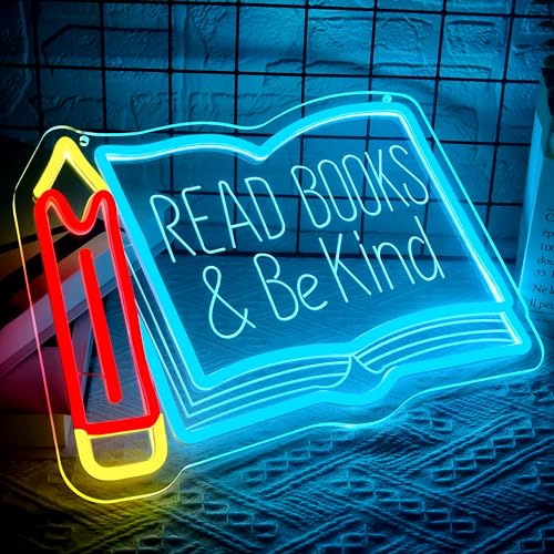 Image of Read Books Be Kind Neon Sign for Wall Decor Reading Neon Light Study Room | Dimmable Led Neon,Teen Birthday Reading Gifts,5V USB Powered,Bookstore Bedroom Decor, Classroom Library Wall Art,13.7*10in