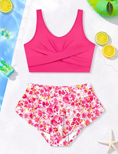 Image of Qaoerde Girls Swimsuit Tropical Print Bikini Set with Ruffle Hem Two Piece Criss Cross Bathing Suits for Girls 7-16 Years