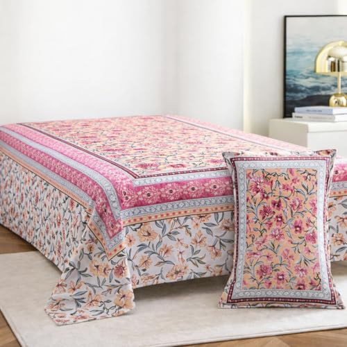 Image of elanorhomes 100% Cotton 240 TC Single Bed Sheet Set | Floral Hand Printed Bedsheet with Pillow Cover | Soft Breathable Fabric for Bedroom | 60x90 Inches (Blush Garden)