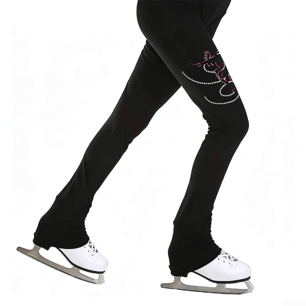 Pantaloni da allenamento da donna per pattinaggio artistico con strass, leggings impermeabili traspiranti per pratica e competizione, collant da ginnastica ad alta elasticità, colore nero
