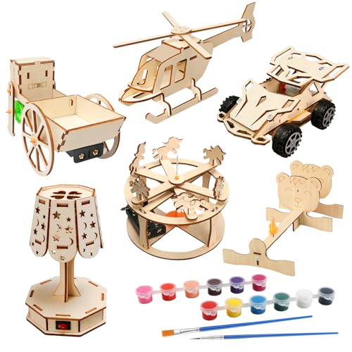 Experimente für Kinder Elektronik Baukasten DIY STEM Spielzeug, Holz Wissenschaft Bausatz Set (Hubschrauber + Lochkameras + Schreibtischlampen + Karussells + Roboterautos + Allrad-Rennwagen)