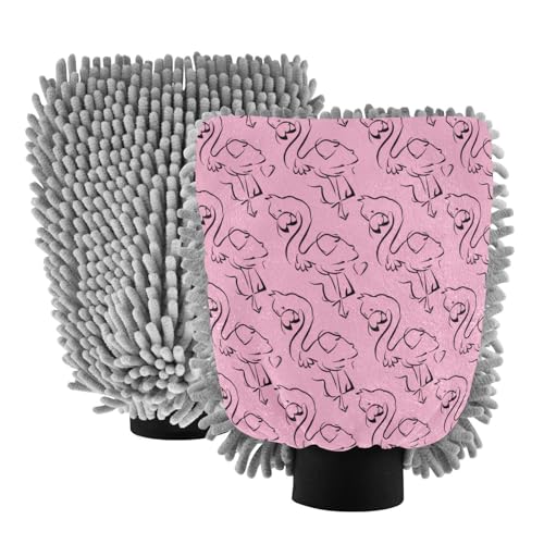 STAYTOP Flamingo Car Wash Mitt Microfiber, 2Pcs Scratch Free Lint-Free, Premium Chenille Microfiber Mitt Car Wash Brush-L