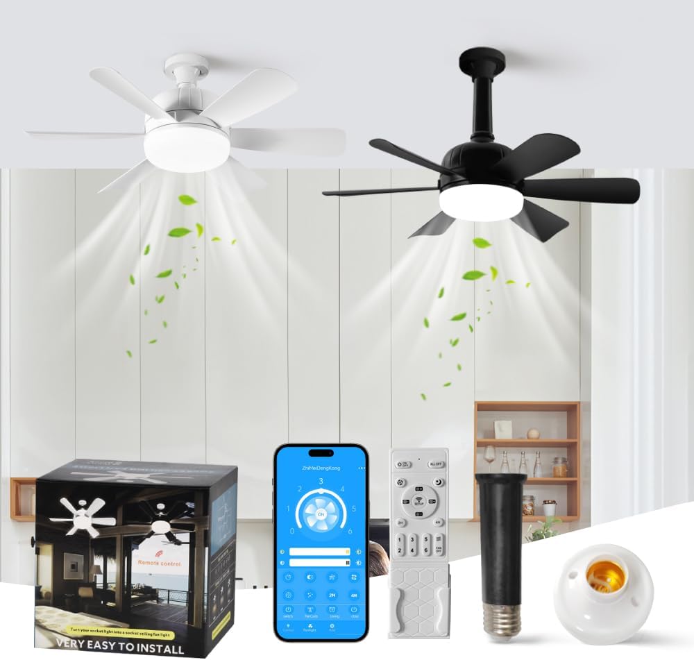 1PCS Ceiling Fans With Lights And Remote, Lighting & Ceiling Fans, Small Ceiling Fan With Light, Light Bulb Fan, Socket Fan Light - Dimmable LED Ceiling Fan (White)