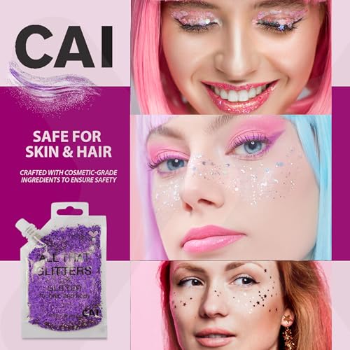 Body Glitter Gel- Face, Body & Hair (2 Pk Violet/Violet) Chunky Iridescent Holograph Stars & Moon, 6 oz | Cosmetic-Grade Makeup, Apply Without Glue, Easy to Take Off & Keep Skin Clean at Raves - Image 5