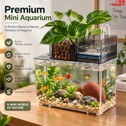 Image of SANSEFERO Mini Aquarium with Filter Pump Betta Tank Ideal for Home, Office Decoration Mini Table Aquarium for Turtle, Small Fishes & Bettas (ZG-001) - Stones & Plants Not Inlcuded