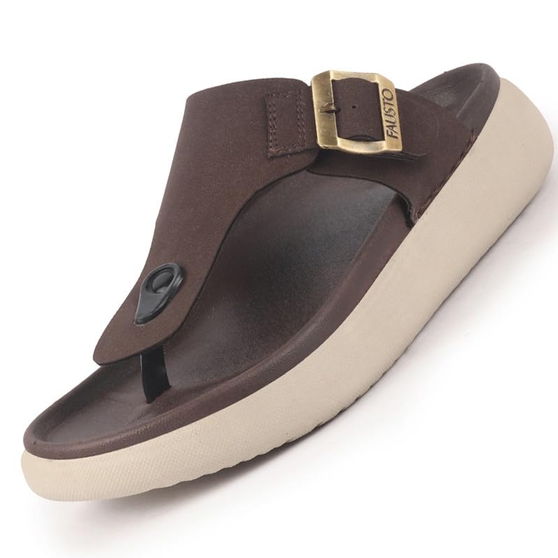 Image of FAUSTO Men Buckle Adjustable T-Strap Side Stitched Summer Waterproof Slip On Sandals|Comfort Featherlite Insole|Thong Slipper for Monsoon Rainy Season