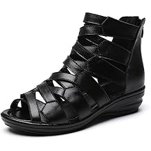 AngryMonkey Women Black Leather High Top Gladiator Sandals,Summer Peep Toe Hollow Back Zipper Dressy Flat Roman Sandals Wedges Sandals