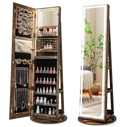 RELAX4LIFE Schmuckschrank, Schmuck Spiegelschrank stehend, Standspiegel mit LED-Lichtern, mit Ganzkörperspiegel, 3 Ablagen, 360° drehbar, abschließbar, mit Schlüsseln(Kaffee)