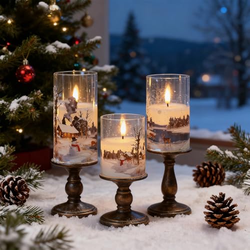 Image of Wondise Chrismtas Snowman Glass Flameless Candles with Remote Timer, Battery Operated Real Wax 3D Wick LED Flickering Pillar Candles for Christmas Decoration Thanksgiving Holiday Gift