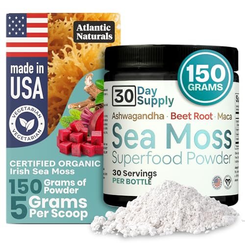 Atlantic Naturals Sea Moss Superfood Powder with Ashwagandha, Beet Root, and Maca Root - Sea Moss Powder Supports Healthy Skin, Athletic Performance, and Positive Mood - Vanilla Flavor (150g)