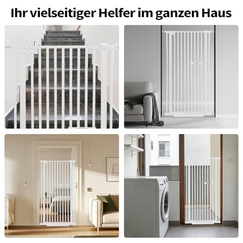 Katzengitter Tür, Schutztor Ausziehbar Haustiere Katzentiertor 150cm Haustiergitter Extra Hoch mit Doppelverriegelung Katzentür&3.5cm Stababstand Ohne Bohren für Haustier Kleinen (weiß)