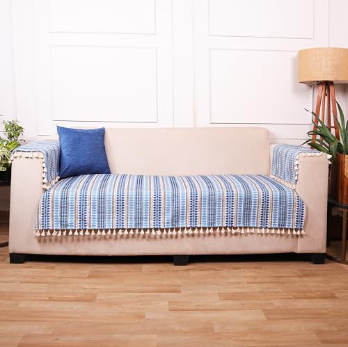 Image of STITCHNEST Woven 3 Seater Sofa Protector with 2 Hand Rest Covers - Blue & White Stripe Design - Washable Fabric with Tassels - Stylish Sofa Cover for Modern Living Room & Furniture Decor