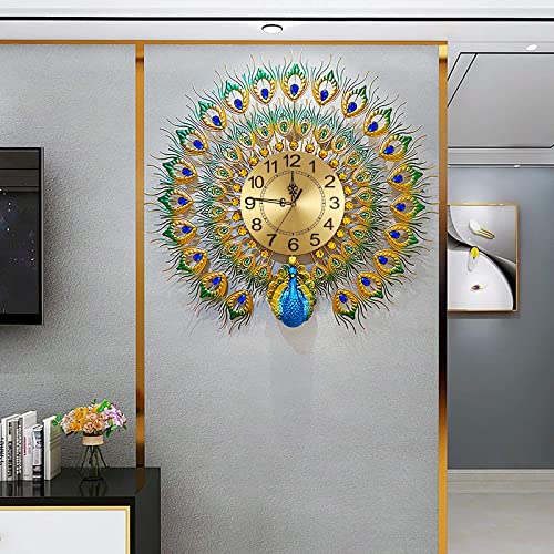 Image of Luxury Large Peacock Wall Clock 23.7 inch Non-Ticking Silent Crystal Creative Personality Modern Art Decorative Wall Clocks for Living Room Decor (Blue&Green-S)
