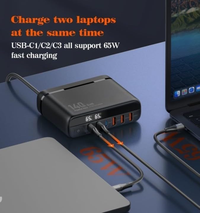 Image of FACTOTECH GaN 140W USB C Charger 6 Port LED USB Charging Fast Charging USB C Laptop Charger Replaceable Indian Plug for MacBook Pro /Air, Dell XPS,i-Phones 15 Pro,i-pad pro,Galaxy,Pixel,Smartphones