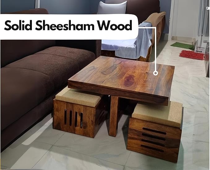 Image of WELL KNOWN Solid Sheesham Wood Round Shape Folding Coffee Table, Center 1 Table for Indoor & Garden Outdoor, Fold-Away Coffee tee (Natural Finish with 4 Stool)