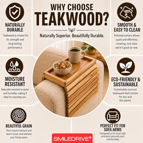 Image of SMILEDRIVE Teakwood Sofa Armrest Tray with Cup Holder Section, Set of 2 | Foldable Couch Organizer, Snacks, Remote & Phone Holder, Made in India