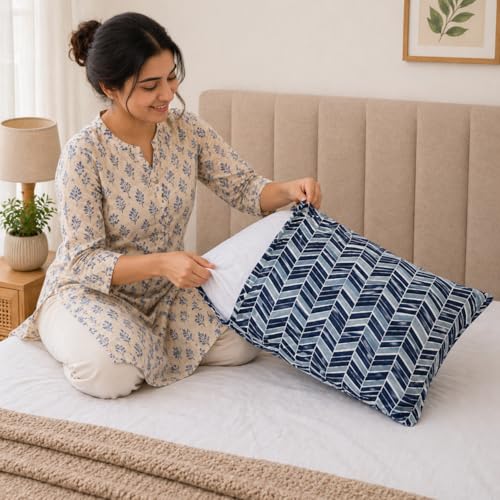 Image of Cotton Pillow Cover Set (1 Pair) | 20x30 Inch | Soft Breathable Cotton Fabric - Comfortable, Durable & Easy Care - 2 Pcs Set | Navy Chevron Stripe Print