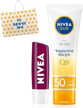 NIVEA SUN Q10 Ya lanma Kar t  G ne  Koruyucu Y z Kremi 50ml ve B rtlen Dudak Bak m Kremi,  anta Hediye